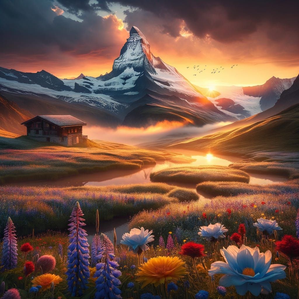 Golden Sunrise Over Majestic Swiss Alps with Wildflowers