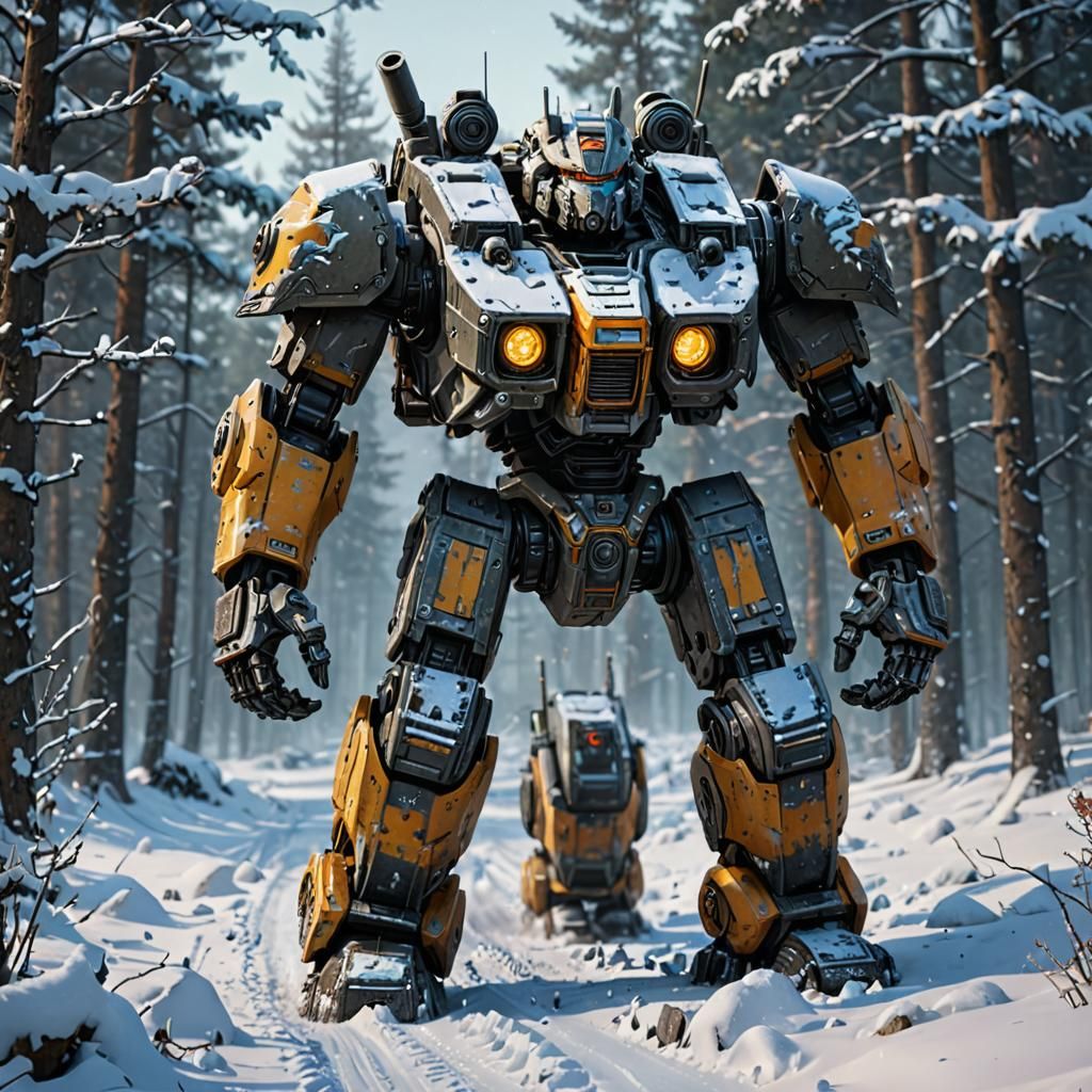 Timberwolf Battlemech in Snow: Hyperdetailed Oil Painting