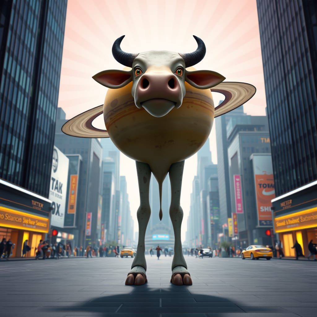 Saturn with Cow Head and Human Legs in City