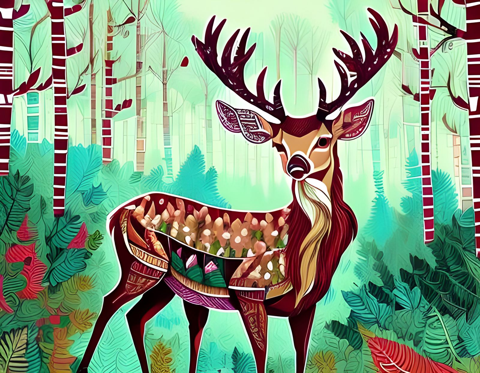 Zentangle Deer in Forest Line Art