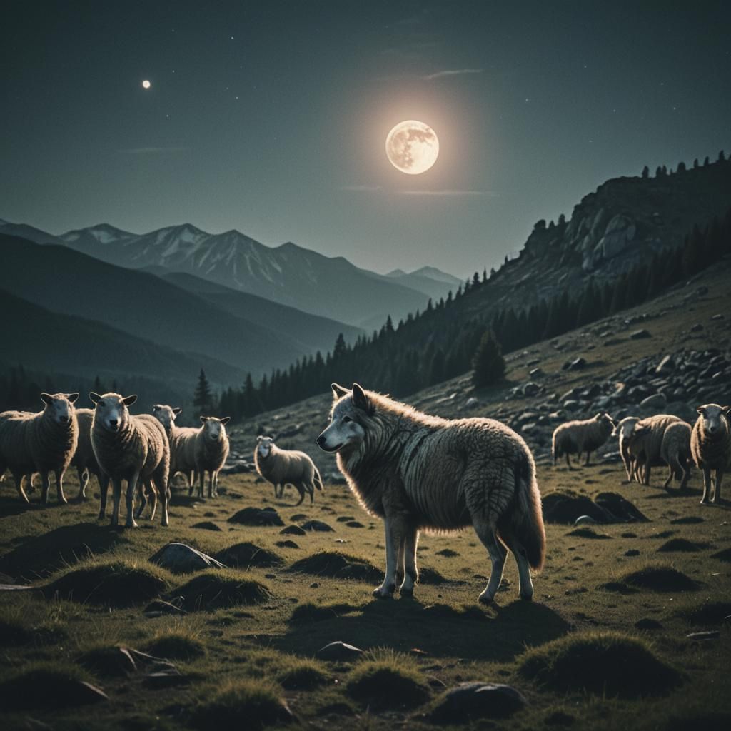 Dramatic Full Moon Wolf in Cinematic Style