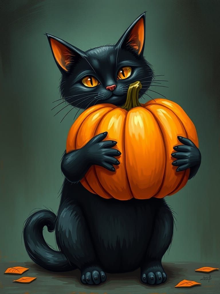 Black Cat with Pumpkin, Acrylic Painting