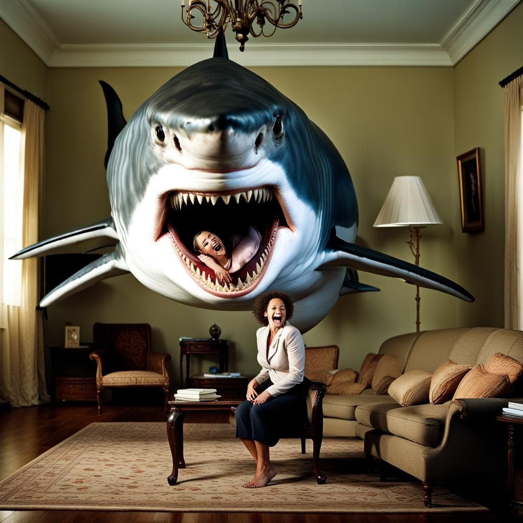 Great White Shark Flies Through Living Room