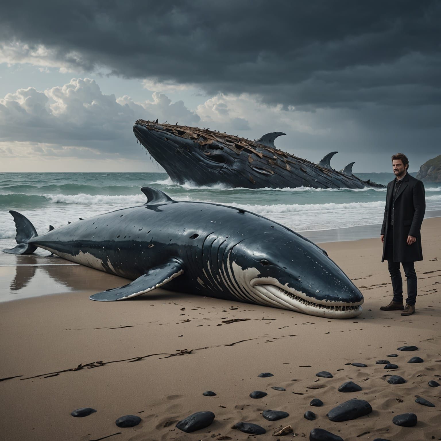 Ethereal Wadj-wer Mourns a Washed-Up Whale on a Stormy Beach