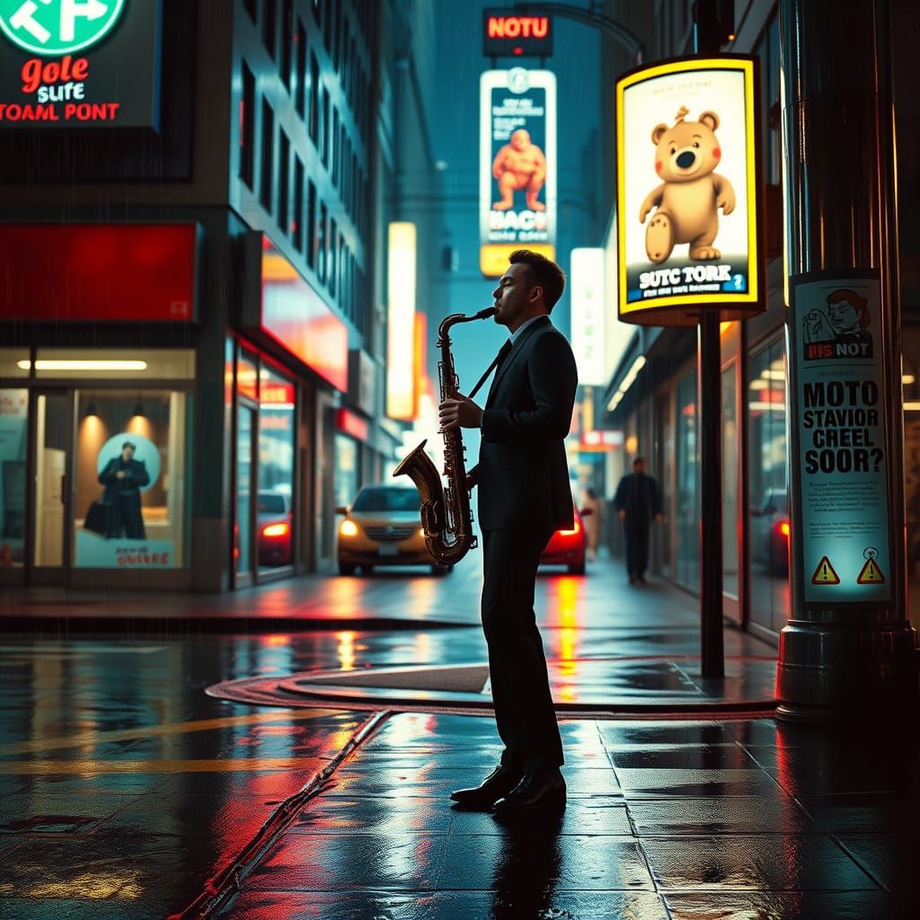Cyberpunk Saxophonist in Neon Cityscape