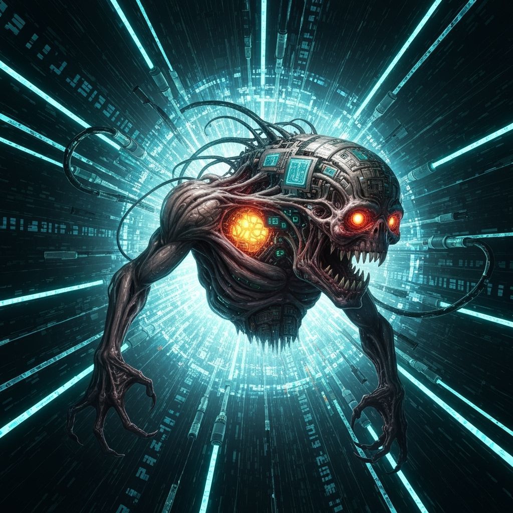 Grotesque Biomechanical Creature in Data Vortex