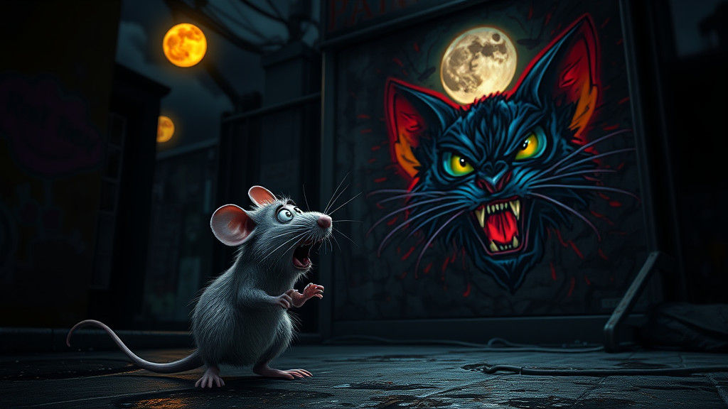 Frightened Rat Gazing at Graffiti Cat in Pixar Style