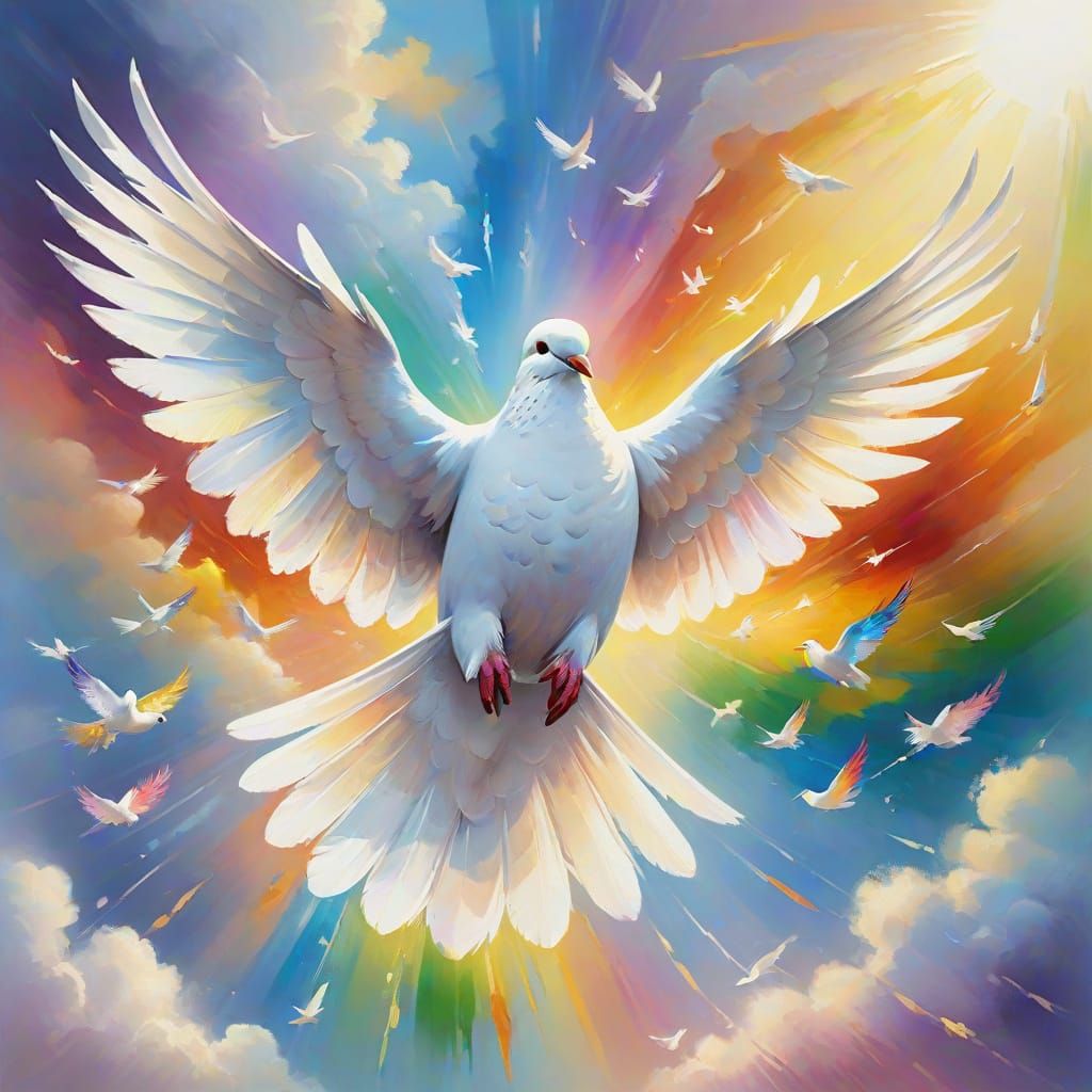 Dove Flying in Rainbow Sunlight, as Oil Painting