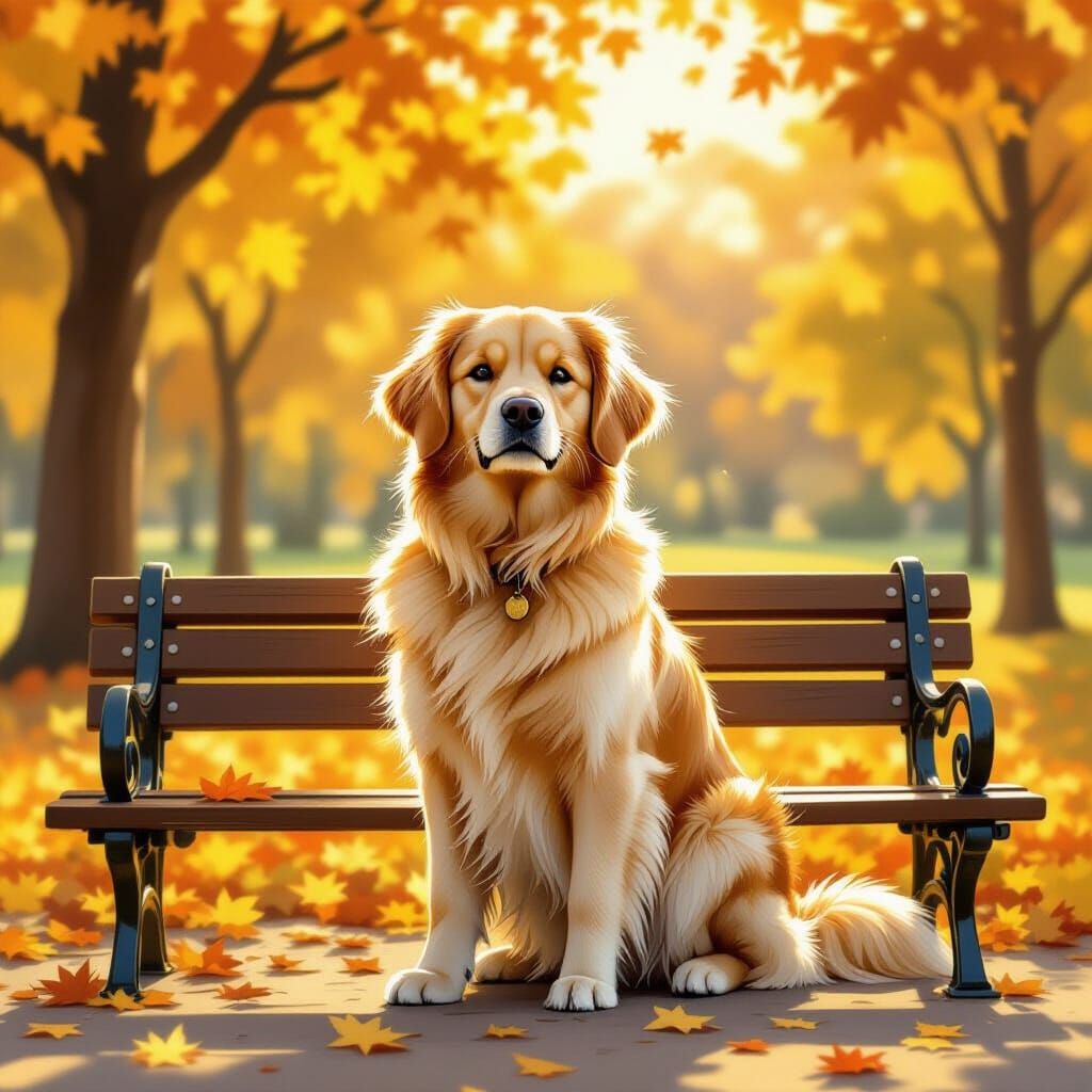 Golden Retriever on Park Bench in Storybook Style