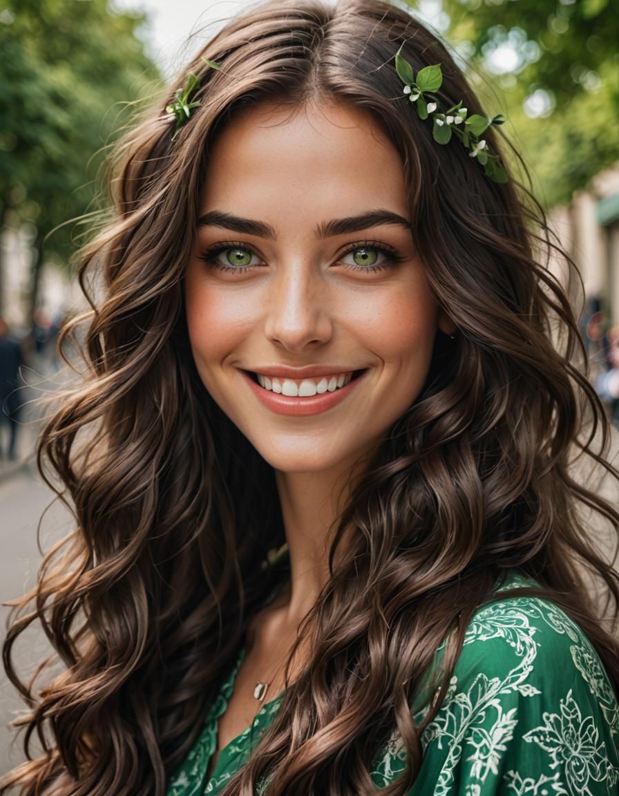 Smiling Brunette Girl with Green Eyes