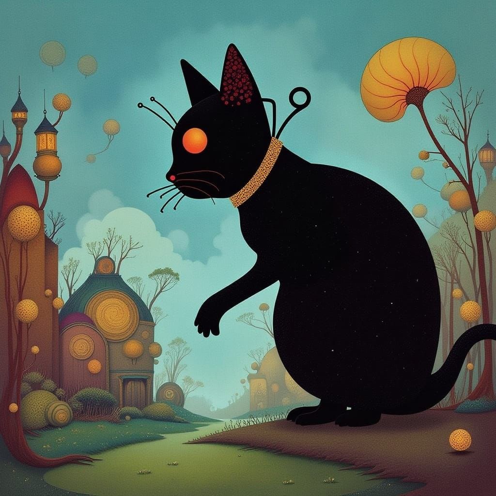 Giant Black Cat Explores Miniature City in Animated Style
