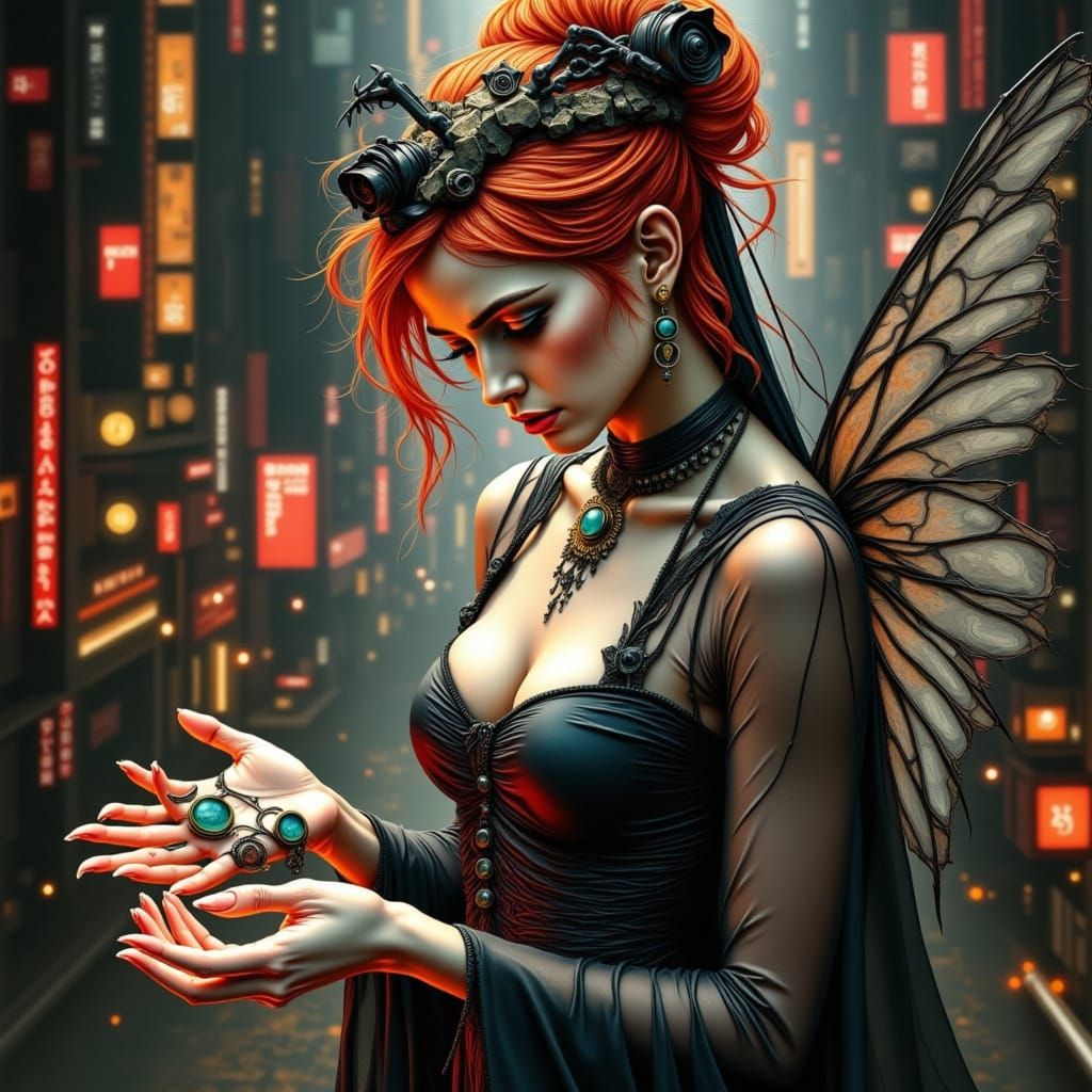 Cyberpunk Fairy Witch Seance in Neon Rain