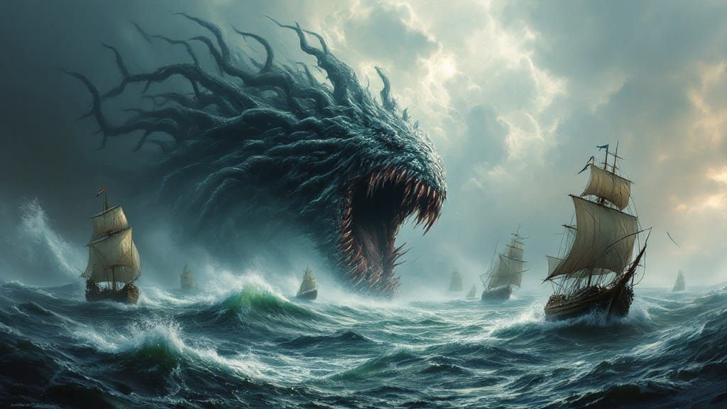 Kraken Attacks Fleet During Stormy Seas