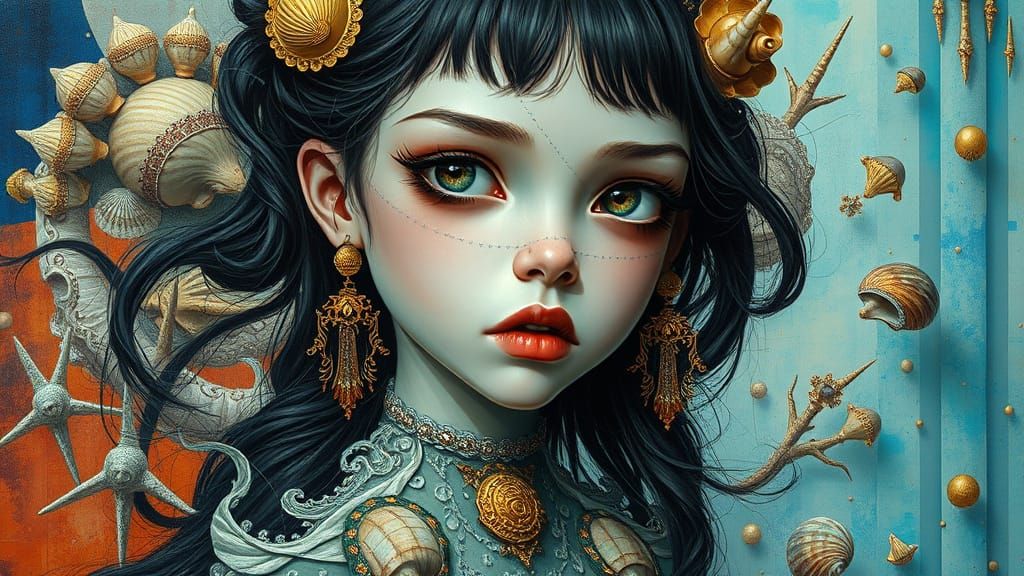 Gothic Surreal Girl with Gold Accents in Oil Painting