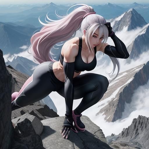 Muscular Woman Climbs Mountain: Anime Style