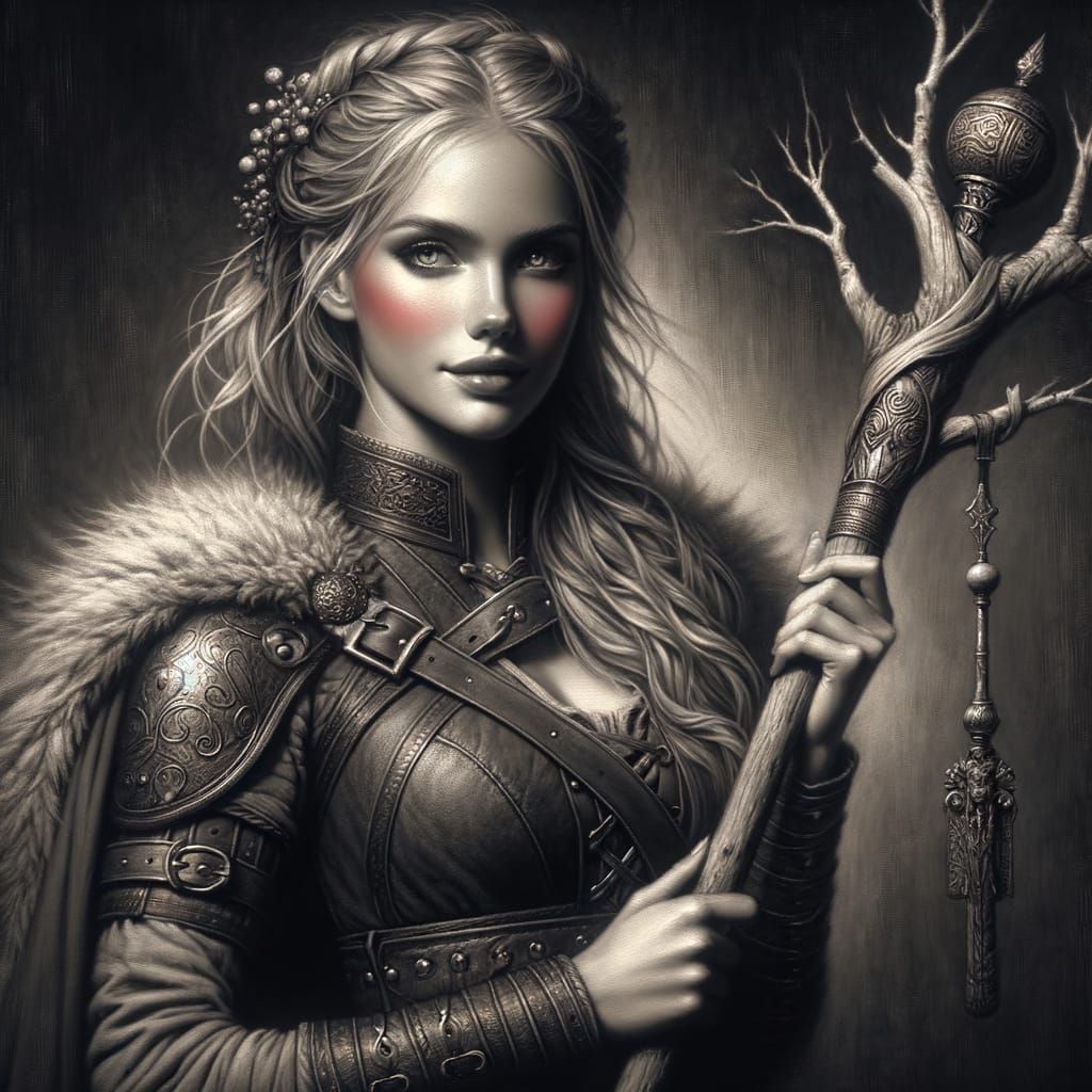 Norse Goddess with Ash Staff in Romantic Oil Painting