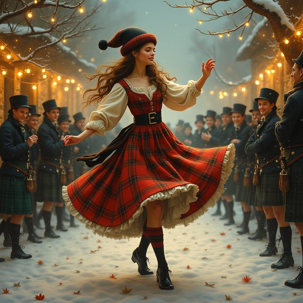 Scottish Lass Dances in Whimsical Highland Scene