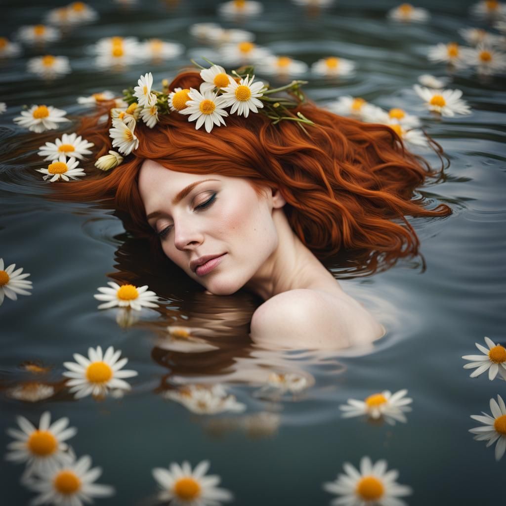 Redhead Woman with Flowers in Water