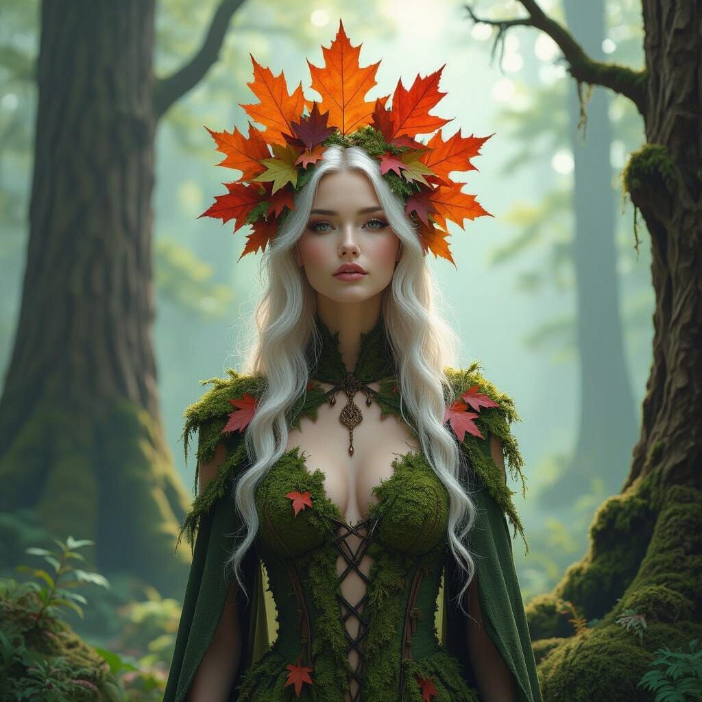 Nature Woman in Misty Forest, Magical Realism Style