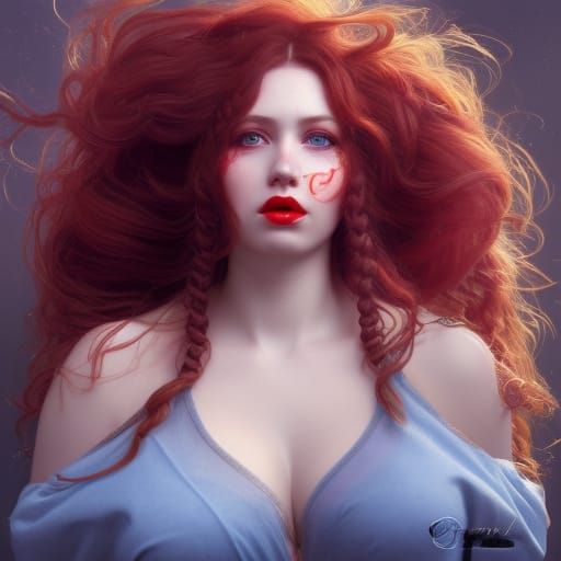 Expressive Portrait of Redhead with Braids in Art Nouveau St...