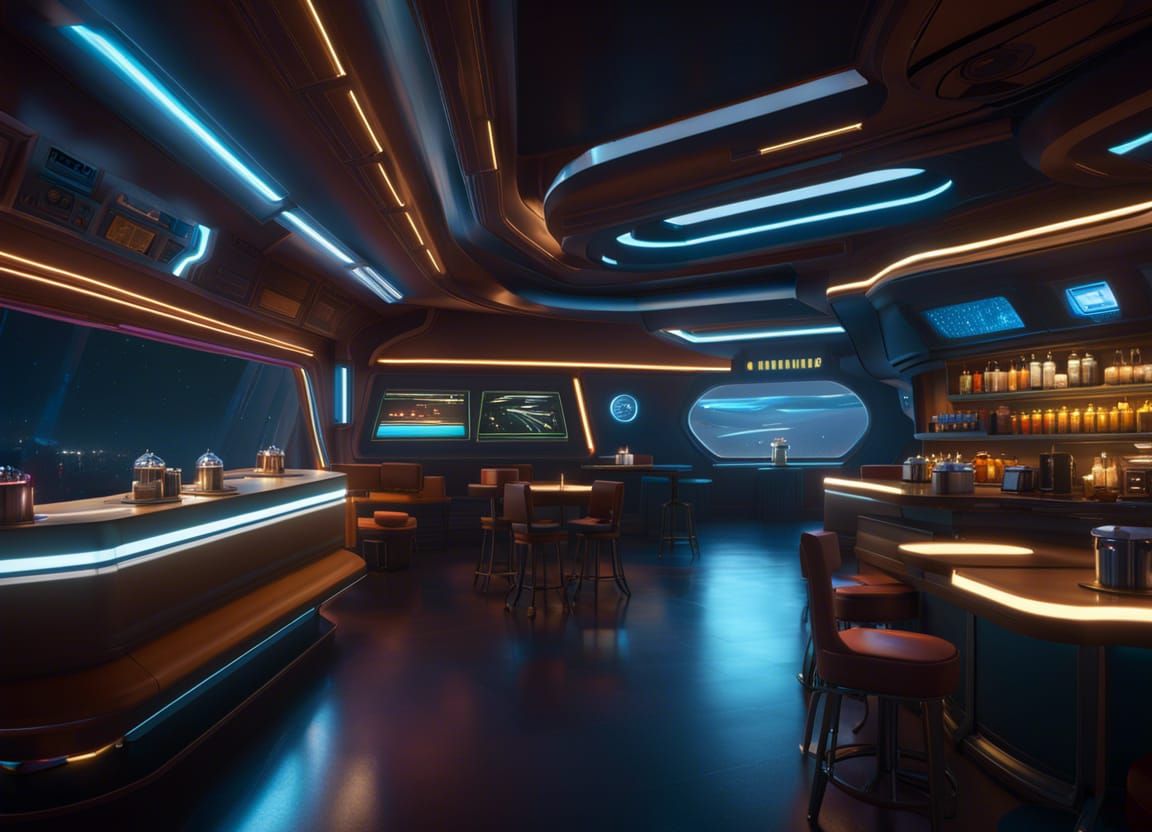 Retrofuturistic Coffeeshop Spaceship in Space
