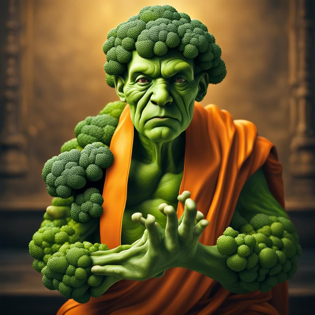 Photorealistic Broccoli Monk in Orange Robes