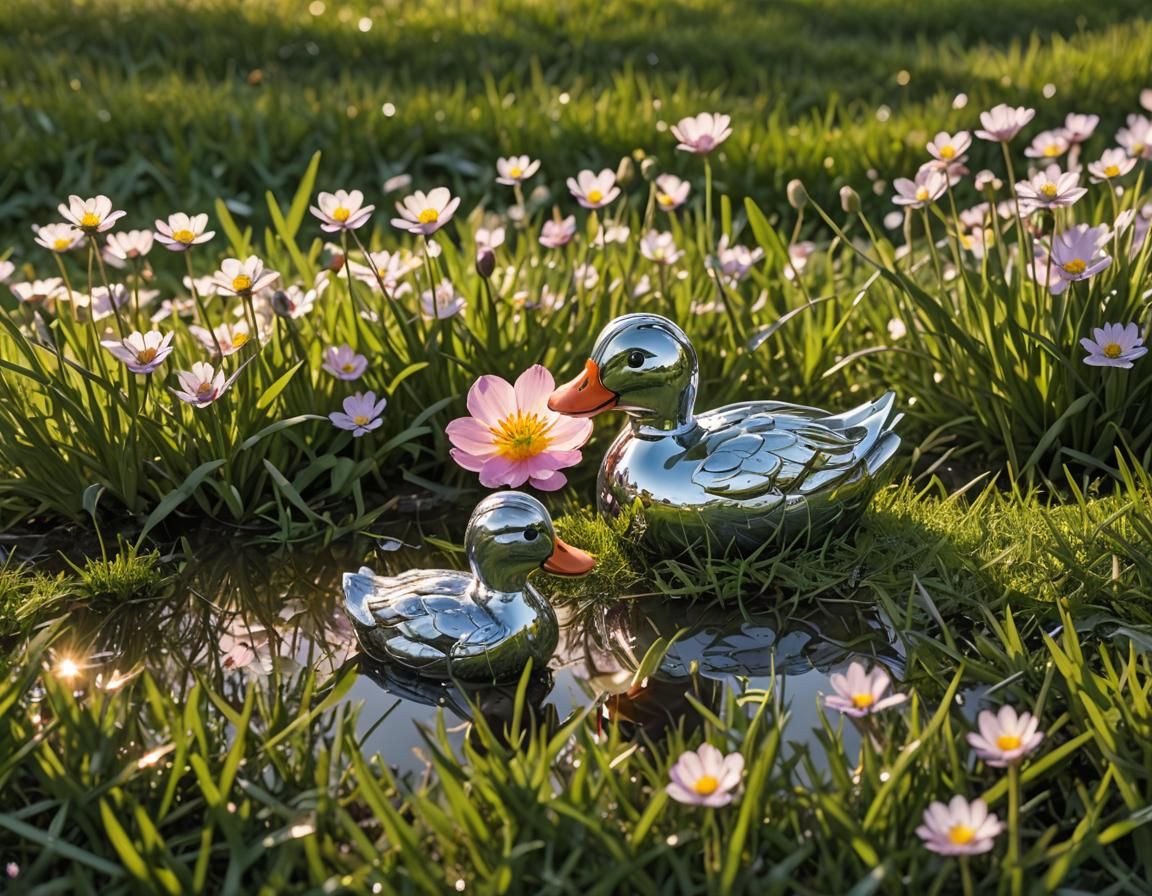 Chrome Duck Reflects Spring Flower Field at Sunset