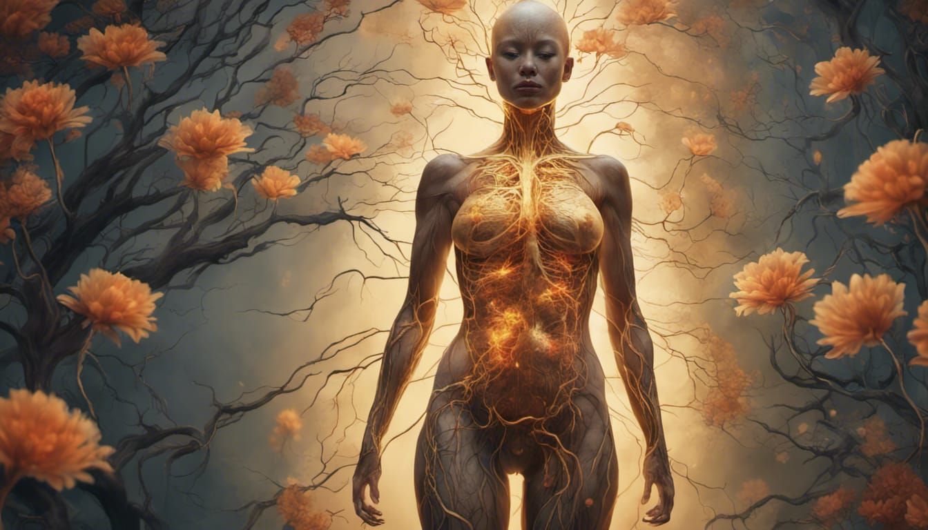 Anatomical muscle map of a woman's body with flowers, tree roots and golden bright light radiating from the chest and th...