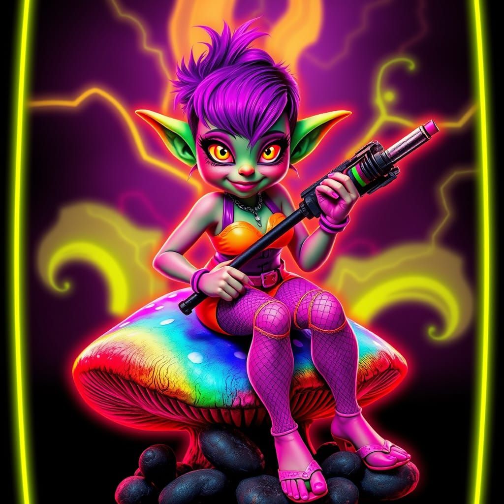 Psychedelic Mushroom Goddess in Groovy Black Velvet Style