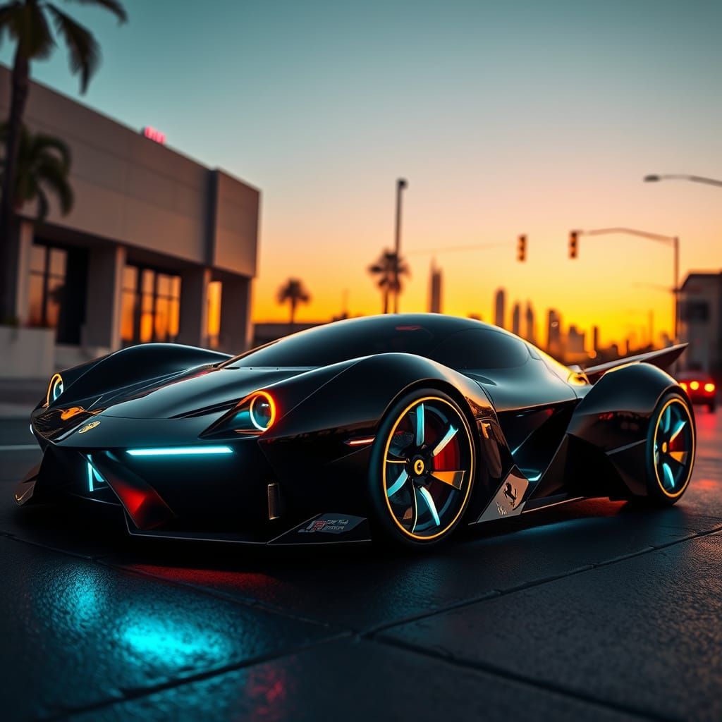 Futuristic Black Sports Car in Cyberpunk Style