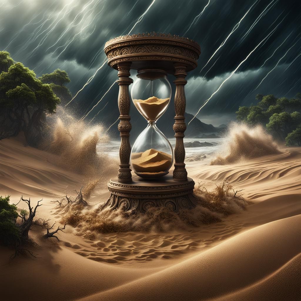 scene where an hourglass is depicted within a raging storm, ...