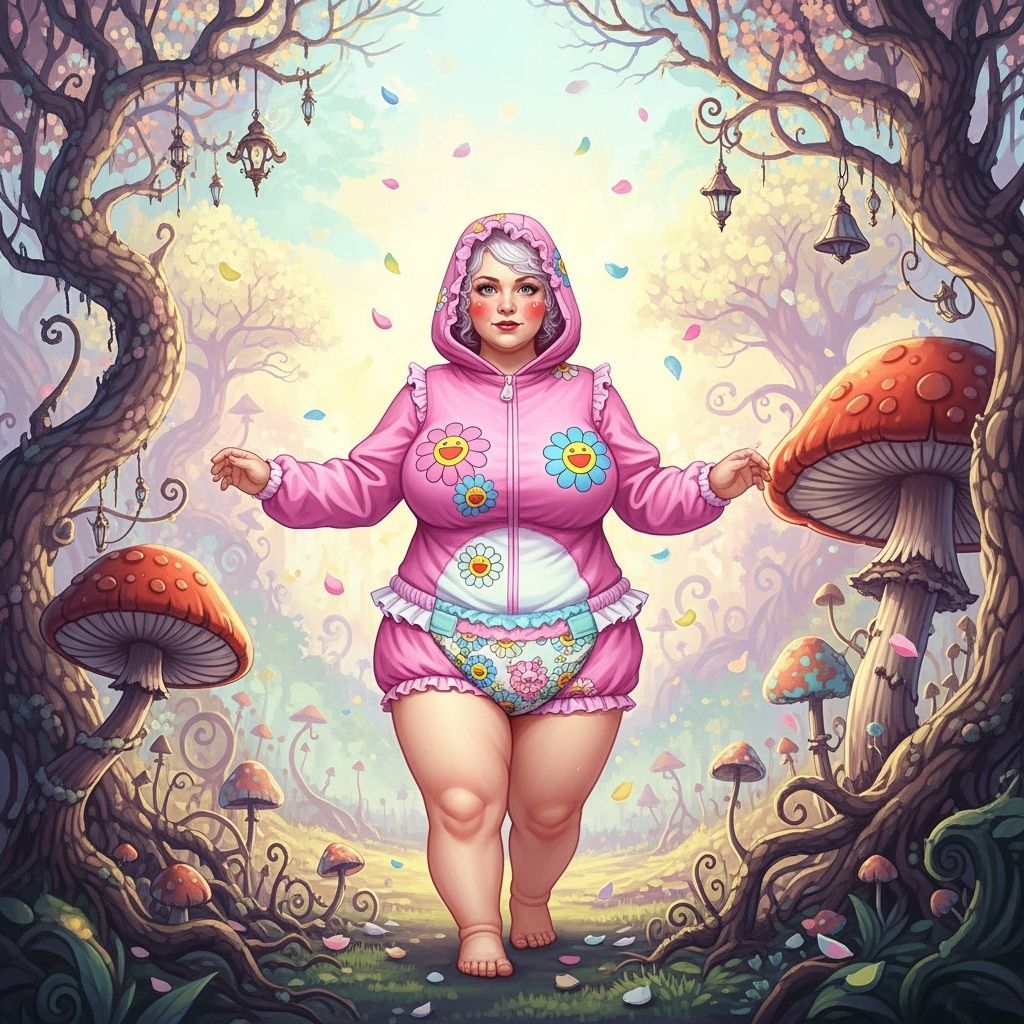 Woman in Onesie in Superflat Fairytale Landscape