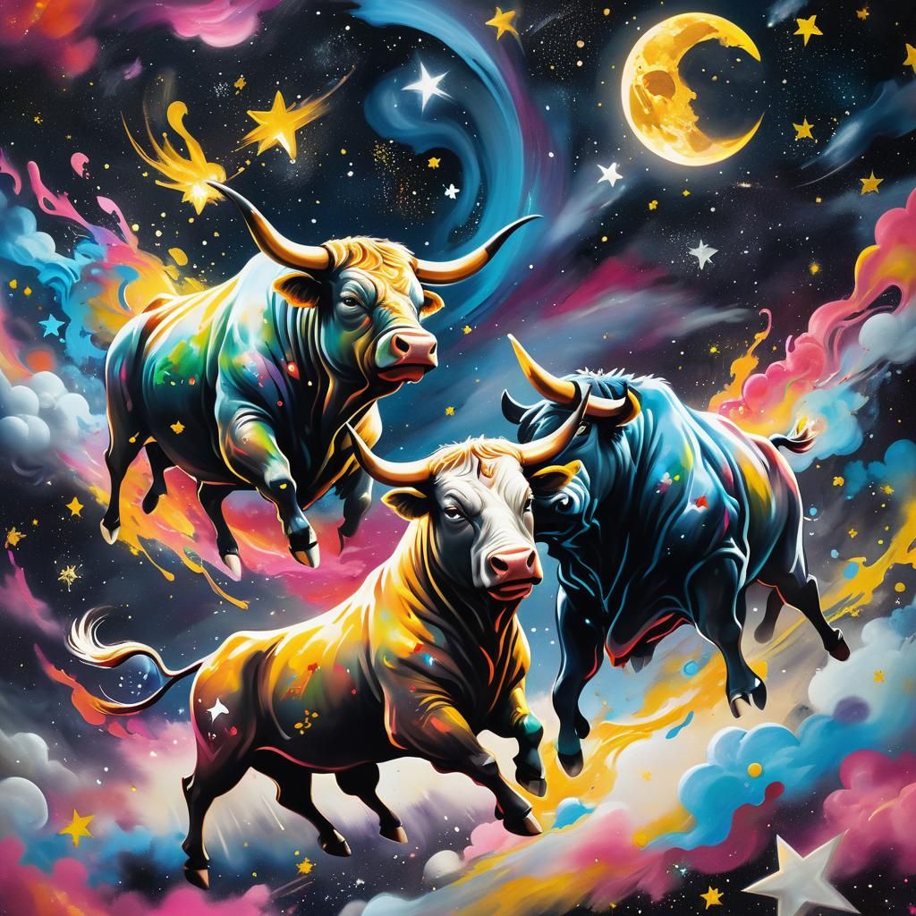 Gold and Silver Bulls Fly to the Moon in Graffiti Art