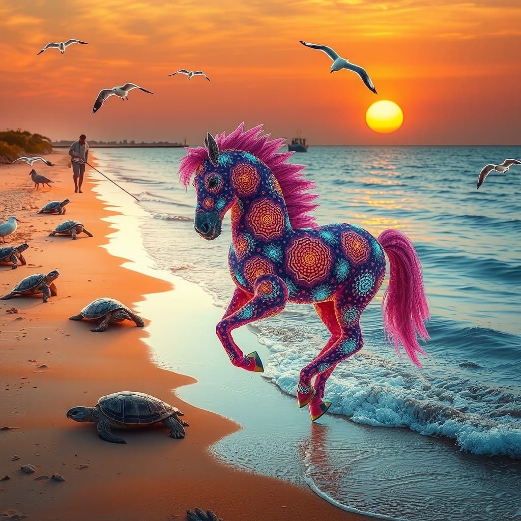 Coral Horse Prancing on Sandy Coast at Sunset