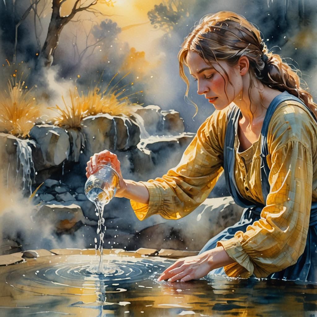 Impressionist Watercolor of Woman Pouring Water