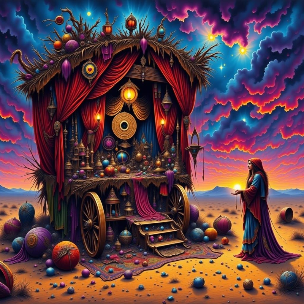 Gypsy Fortune Teller Inside Her Colorful Wagon
