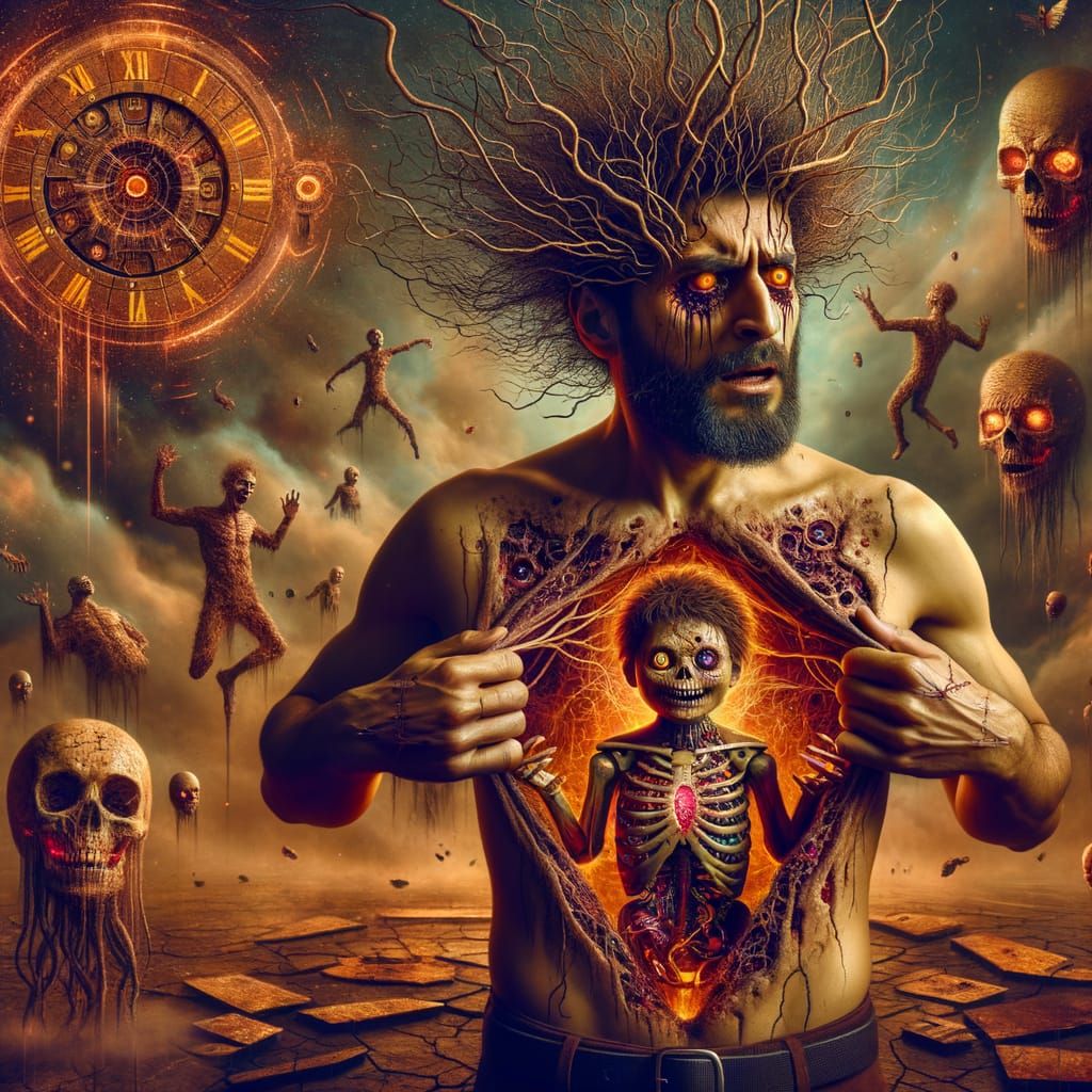 Surreal Horror Figure with Tormented Expression and Biomecha...