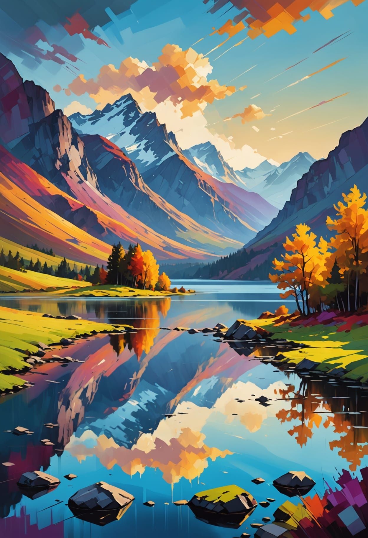 Mountains Reflecting in Lake as Impasto Oil Painting