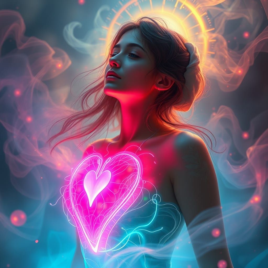 Radiant Woman Generates Electric Heart in Sci-Fi Dreamscape