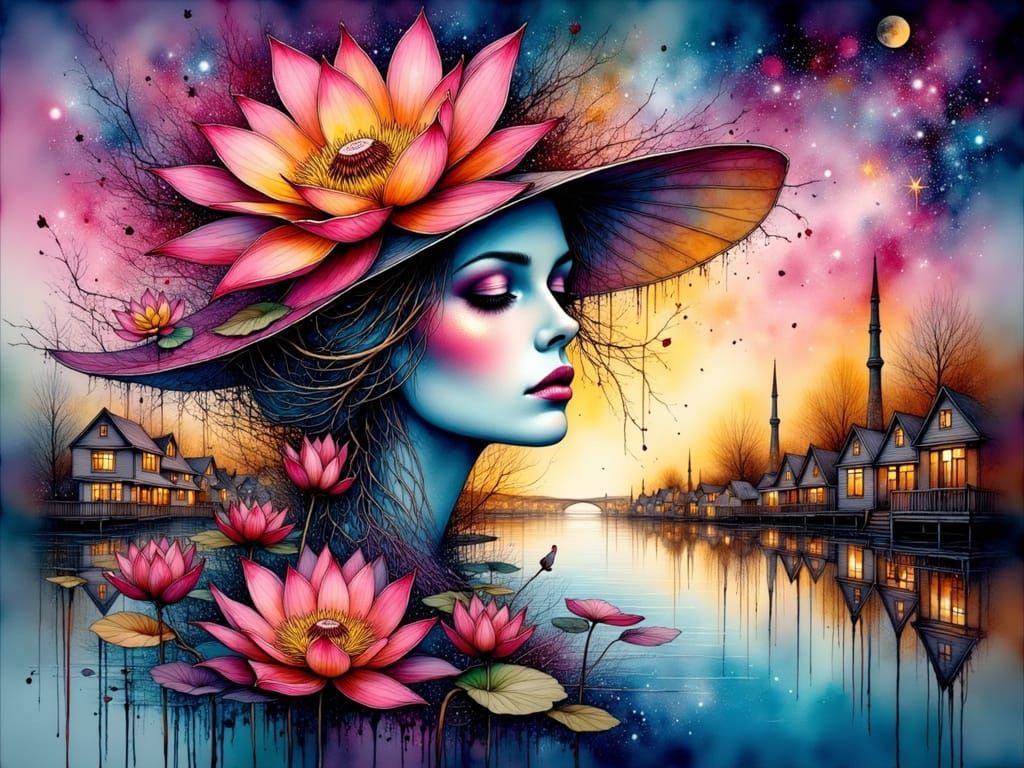 Vibrant Lotus Blooms Amidst Urban Galaxy