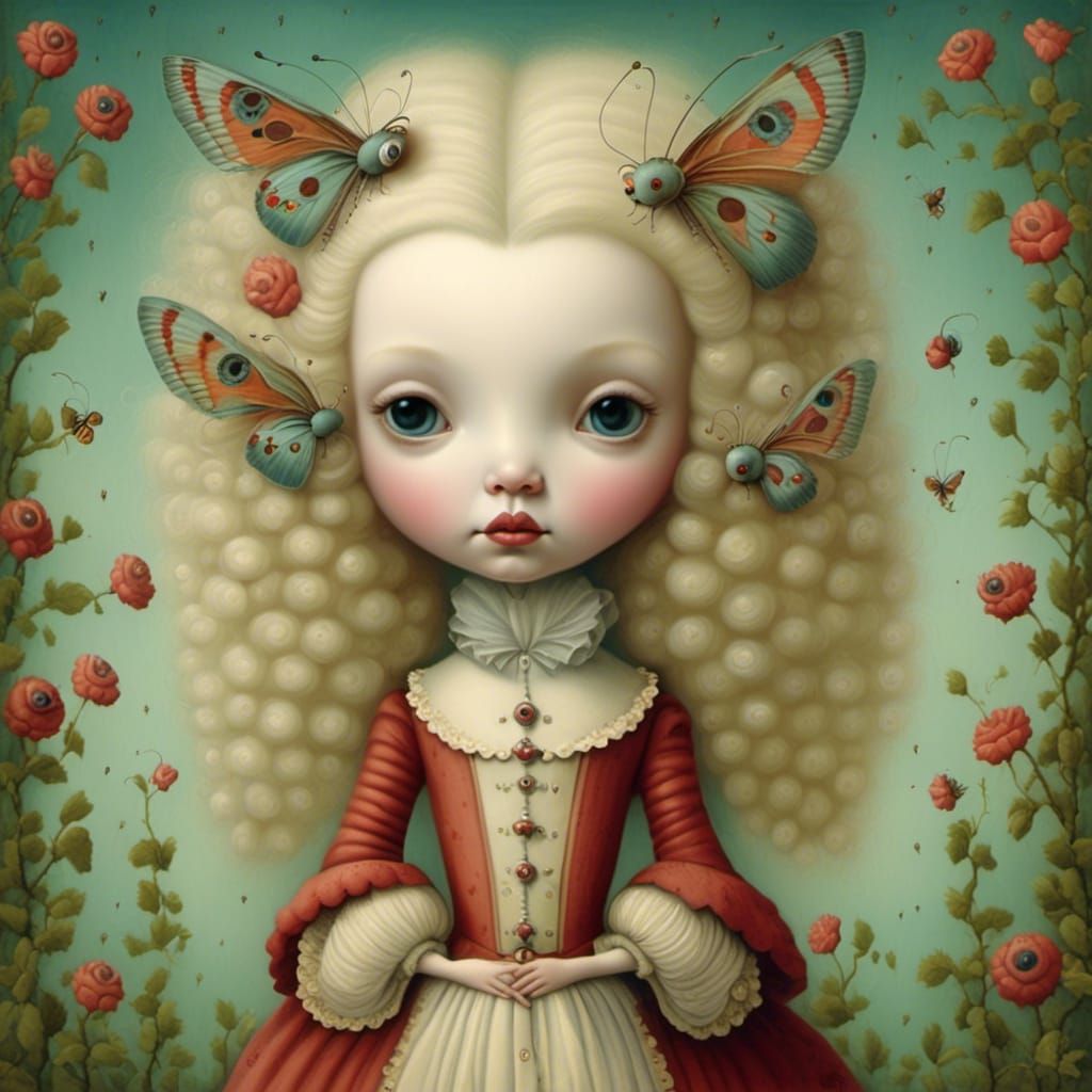 Whimsical Surreal Winter Scene with Doll Character