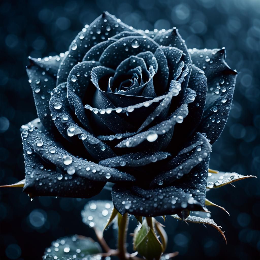 Photorealistic Black Rose with Dewdrops in Moonlight