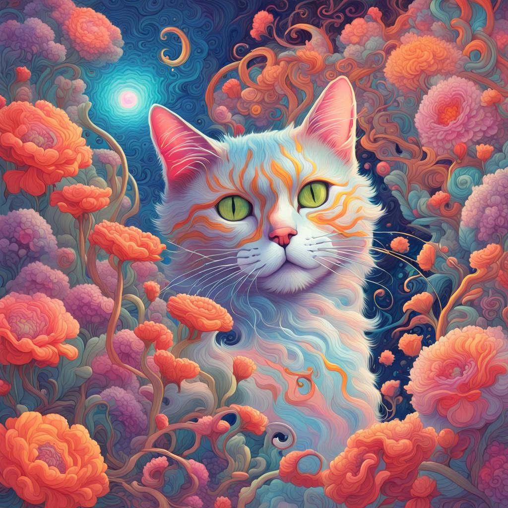 Neon Cat Amidst Blooming Florals, Digital Art