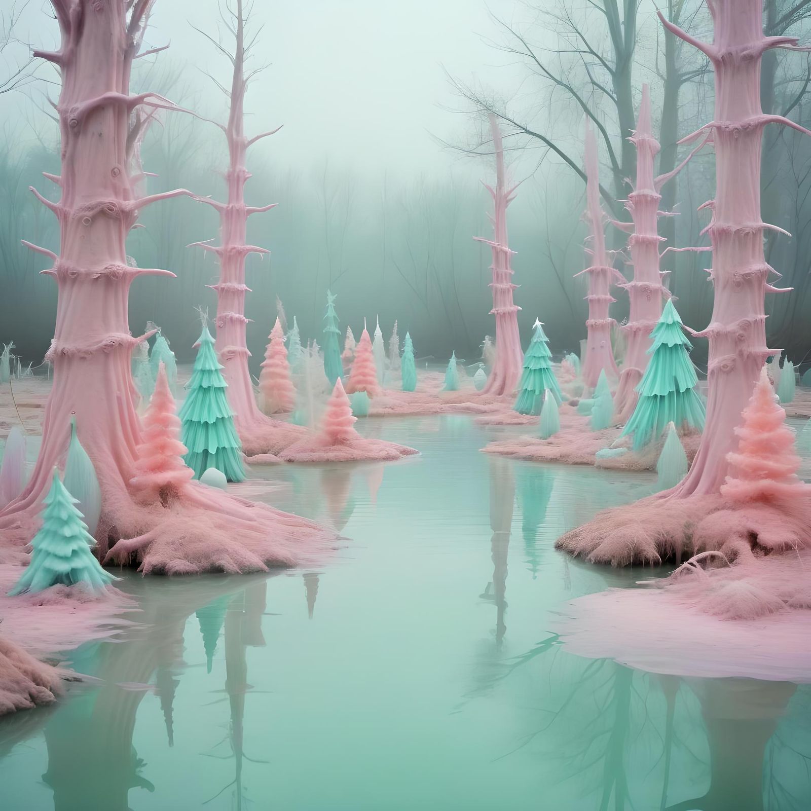 Eerie Pastel Swamp Decorated for Christmas