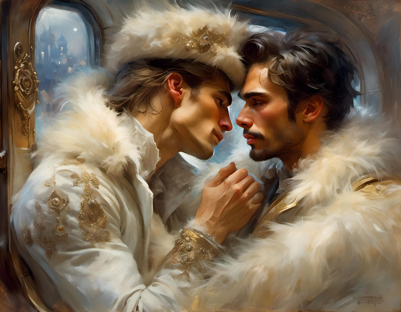 Passionate Kiss in Snowy Russia, Edwardian Pastel Painting