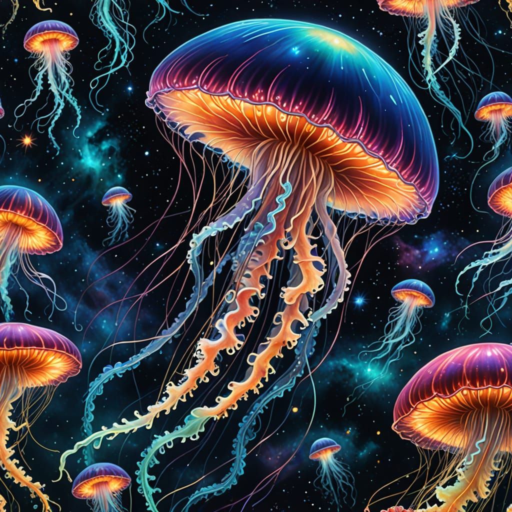 Bioluminescent Jellyfish Drifting in Deep Space: Surreal Art