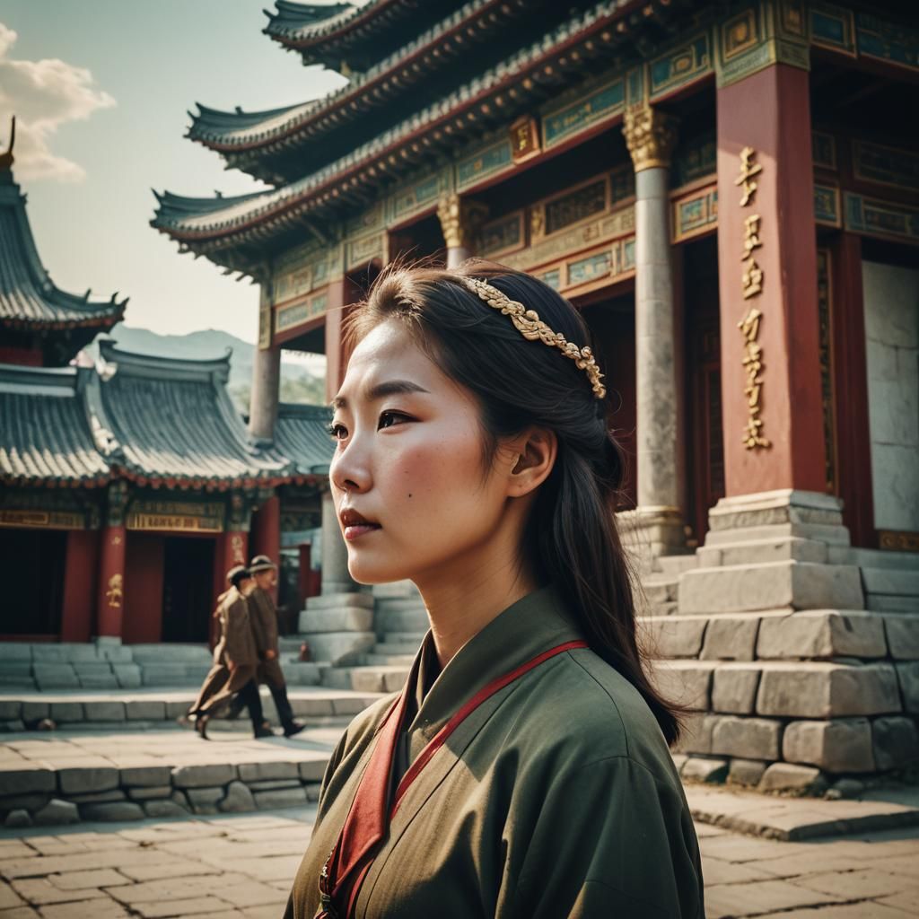 Cinematic Portrait of North Korean Woman by Temple