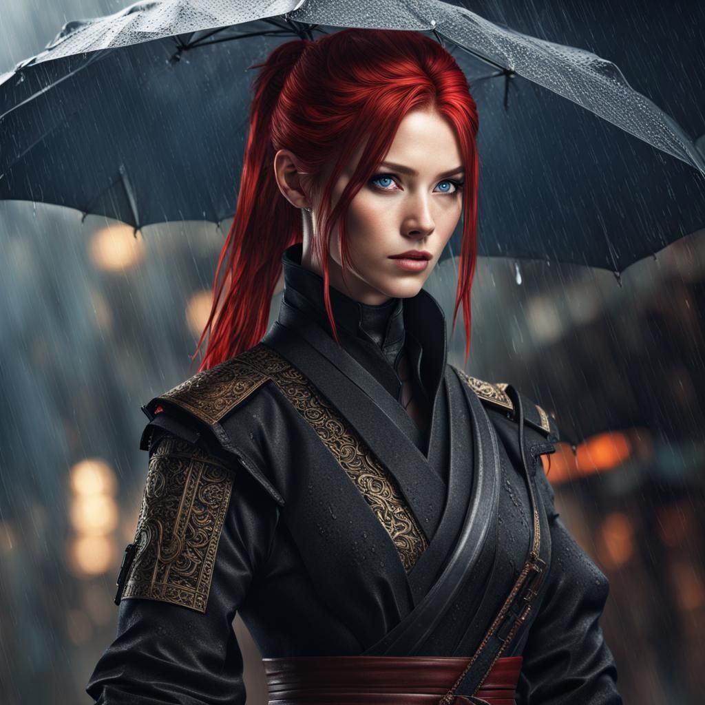 Ninja Woman with Red Hair in the Rain