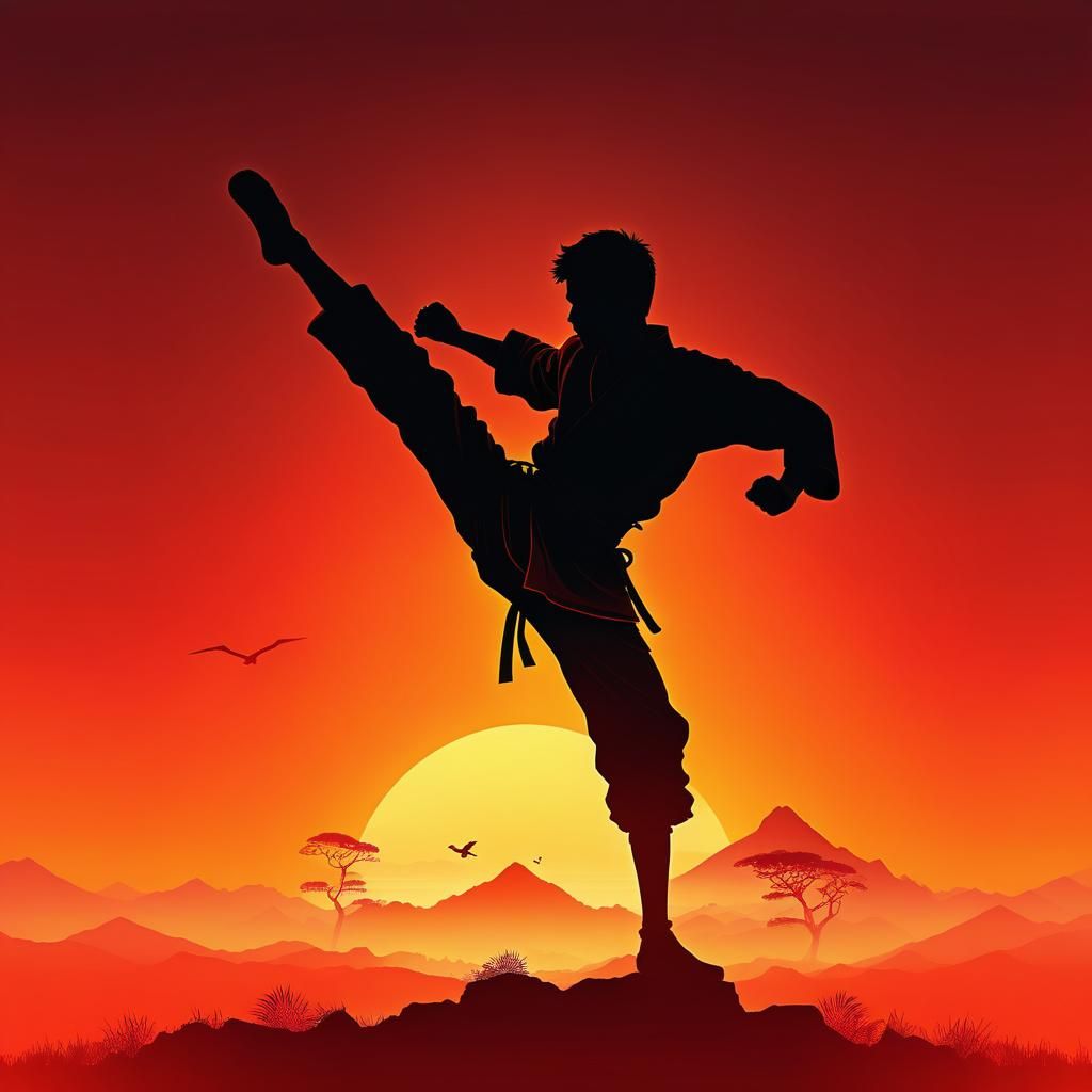 Karate Kid Silhouette in Vector Style Sunset