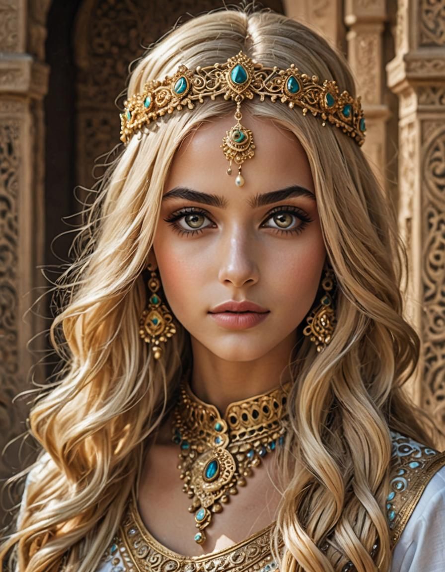 Fantasy Arabian Girl with Blonde Hair in Desert